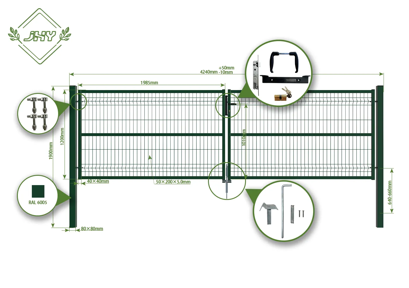 3D FENCING GARDEN GATE WIDTH 400CM & HEIGHT 120CM GREEN & GREY SQUARE POST & FRAME