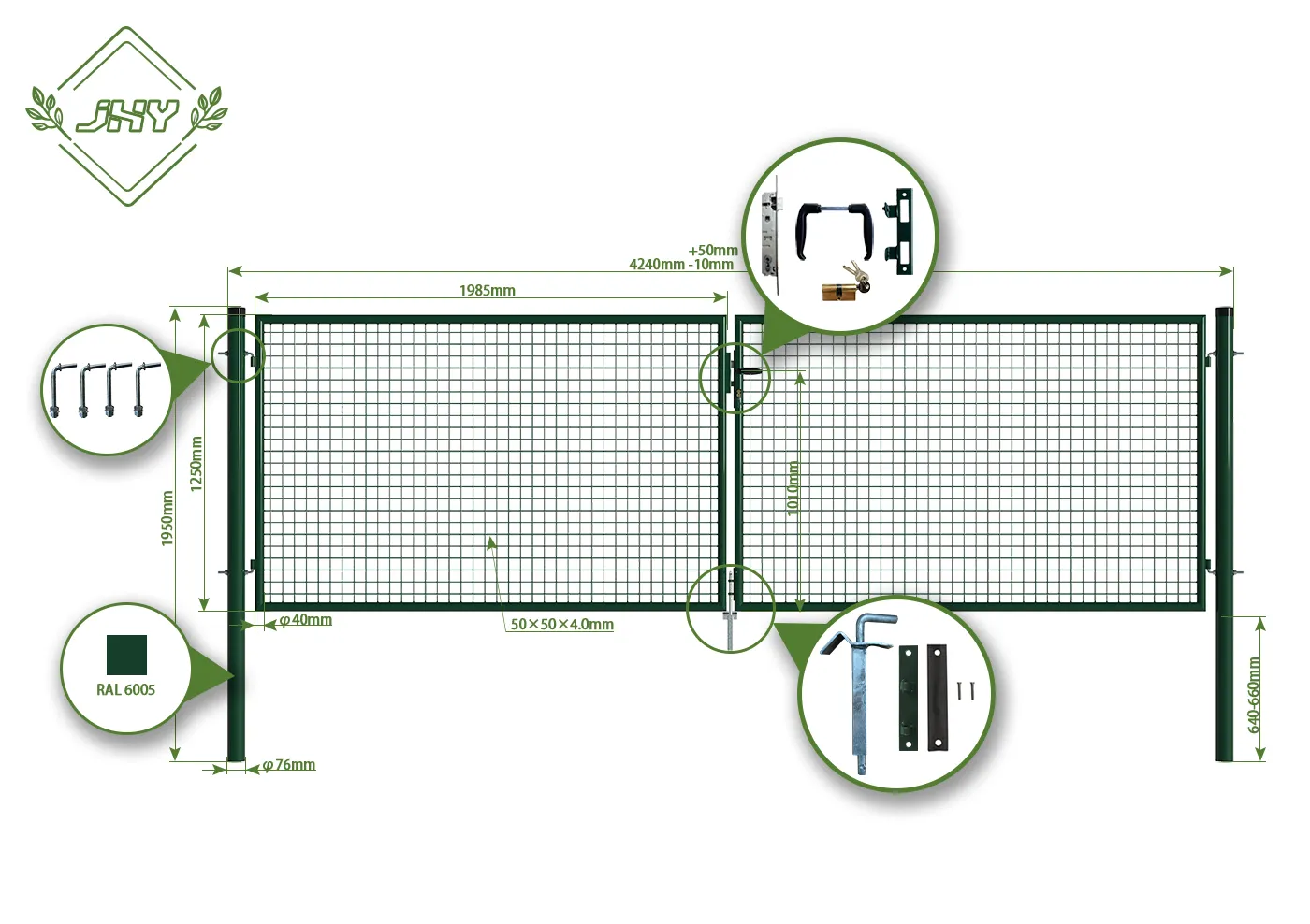 MESH FENCE GARDEN GATES WIDTH 400CM & HEIGHT 125CM GREEN & GREY SQUARE POST & FRAME