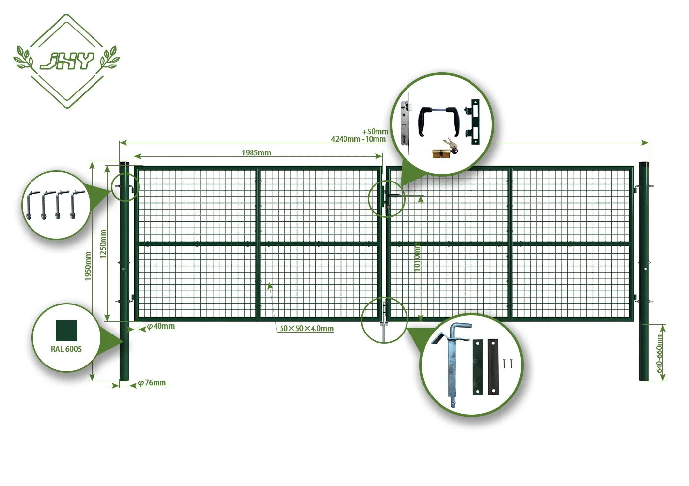 COMPOSITE FENCING GATE WIDTH 400CM & HEIGHT 125CM GREEN & GREY SQUARE POST & FRAME