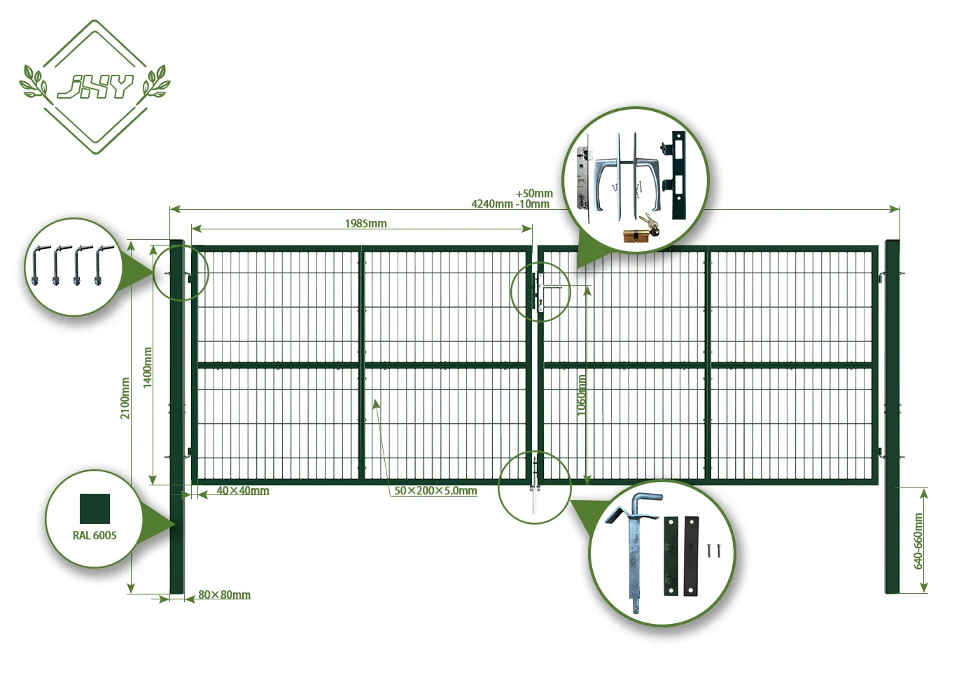 2D MESH FENCING GARDEN GATES WIDTH 400CM & HEIGHT 140CM GREEN & GREY SQUARE POST & FRAME