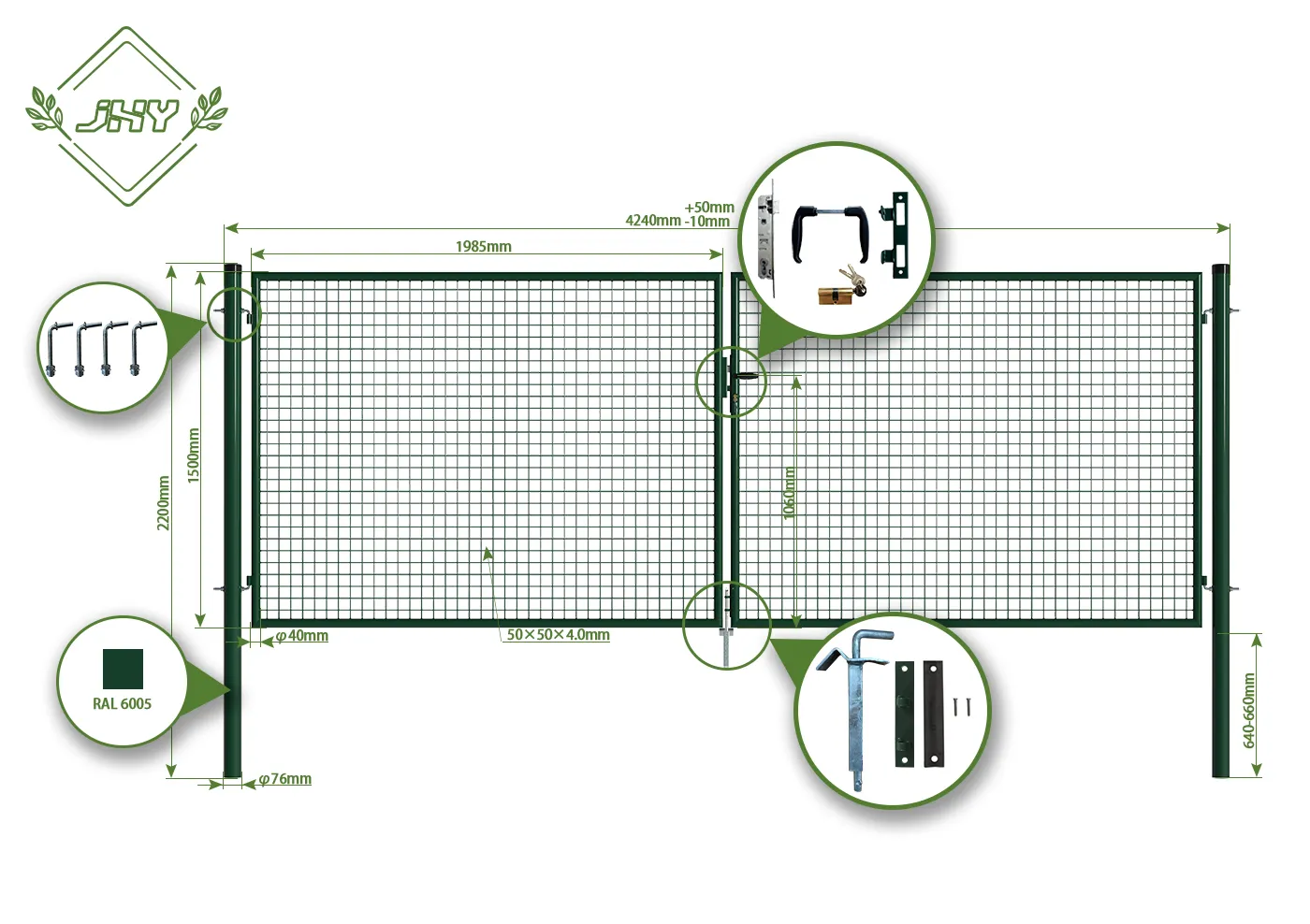 MESH FENCE GARDEN GATES WIDTH 400CM & HEIGHT 150CM GREEN & GREY SQUARE POST & FRAME