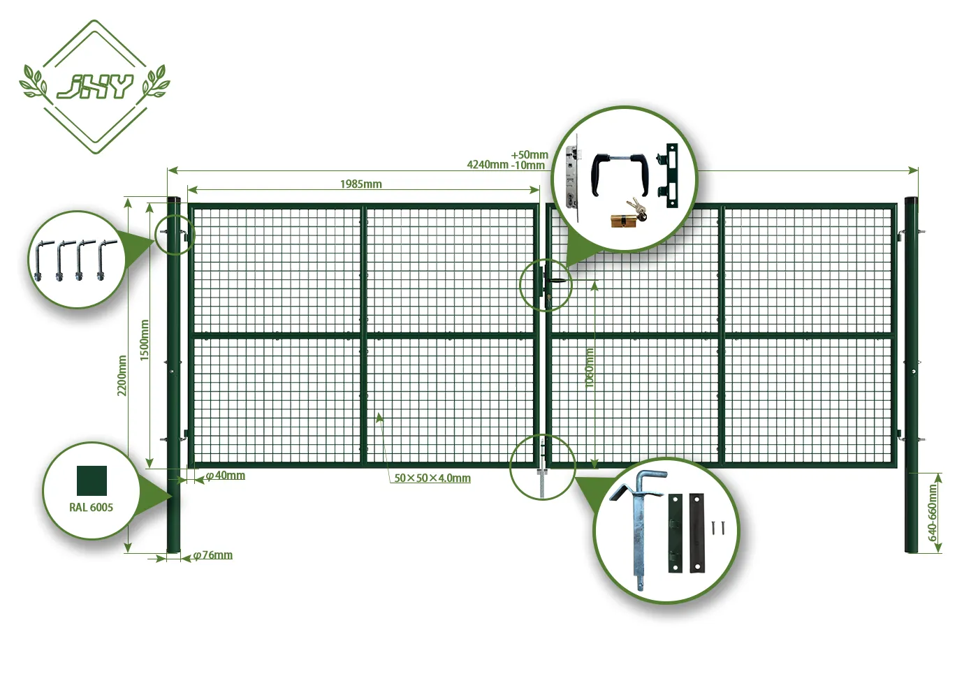 COMPOSITE FENCING GATE WIDTH 400CM & HEIGHT 150CM GREEN & GREY SQUARE POST & FRAME
