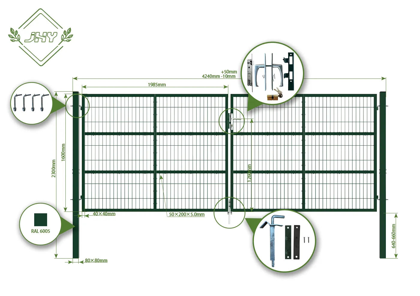 COMPOSITE WIRE MESH GARDEN GATE WIDTH 400CM & HEIGHT 160CM GREEN & GREY SQUARE POST & FRAME