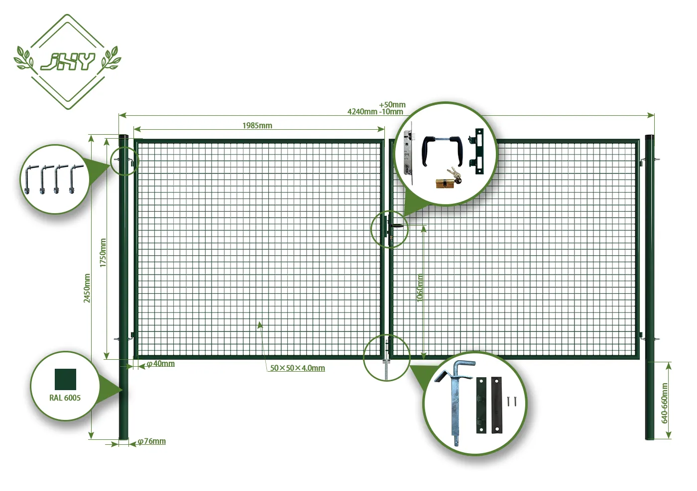 MESH FENCE GARDEN GATES WIDTH 400CM & HEIGHT 175CM GREEN & GREY SQUARE POST & FRAME