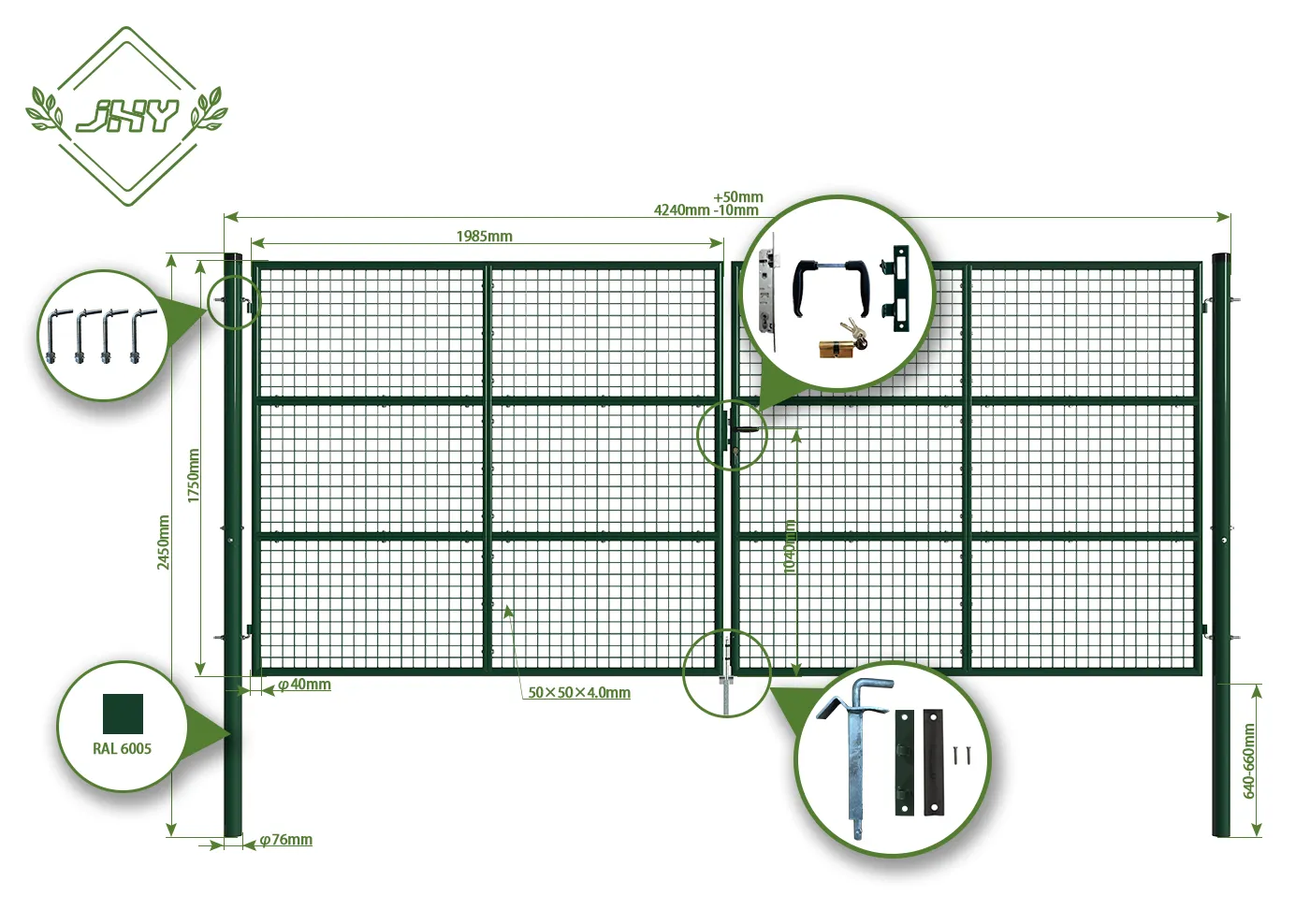 COMPOSITE FENCING GATE WIDTH 400CM & HEIGHT 175CM GREEN & GREY SQUARE POST & FRAME