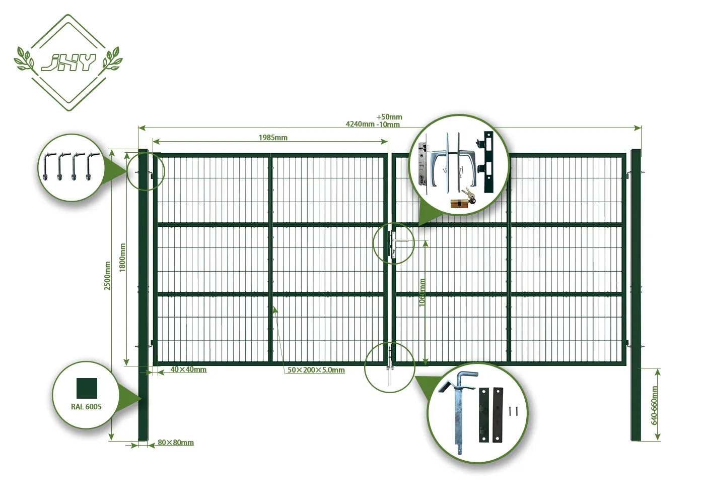 COMPOSITE WIRE MESH GARDEN GATE WIDTH 400CM & HEIGHT 180CM GREEN & GREY SQUARE POST & FRAME