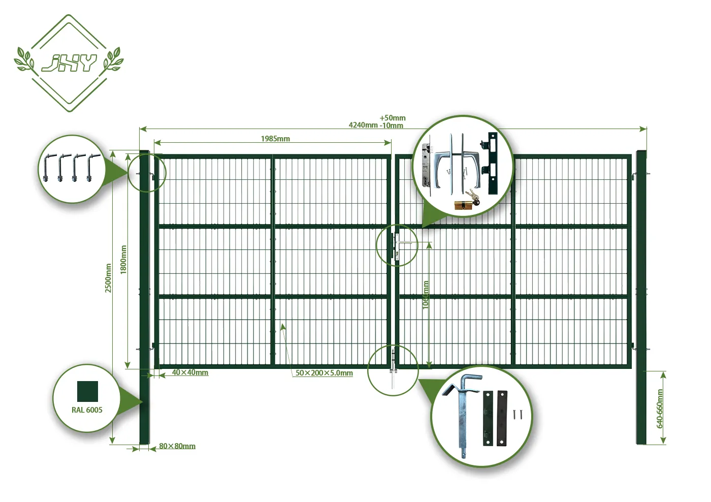 2D MESH FENCING GARDEN GATES WIDTH 400CM & HEIGHT 180CM GREEN & GREY SQUARE POST & FRAME