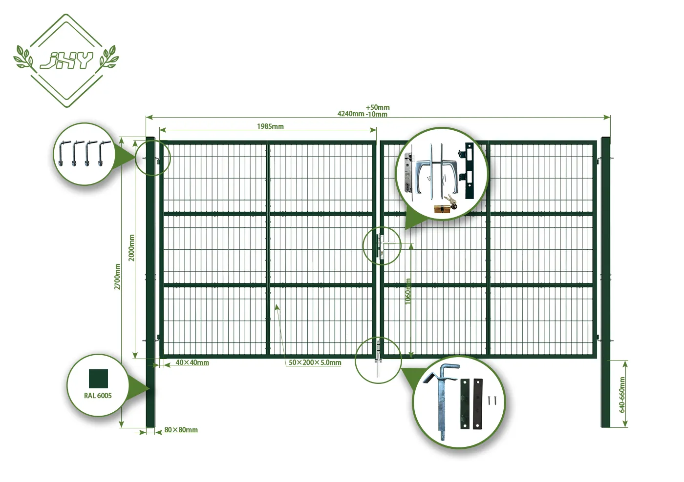 6/5/6 2D MESH FENCING GARDEN GATES WIDTH 400CM & HEIGHT 200CM GREEN & GREY SQUARE POST & FRAME