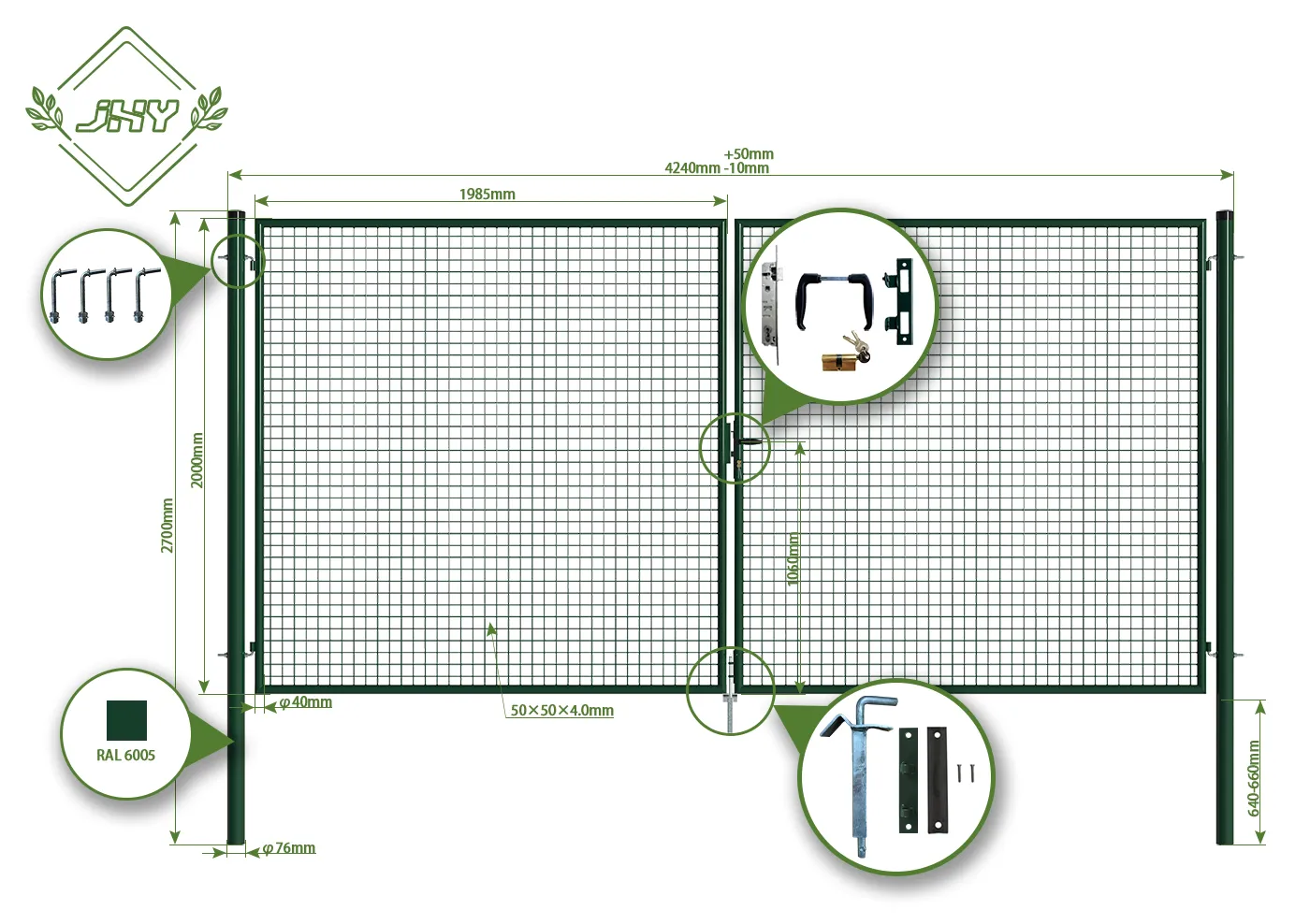 MESH FENCE GARDEN GATES WIDTH 400CM & HEIGHT 200CM GREEN & GREY SQUARE POST & FRAME