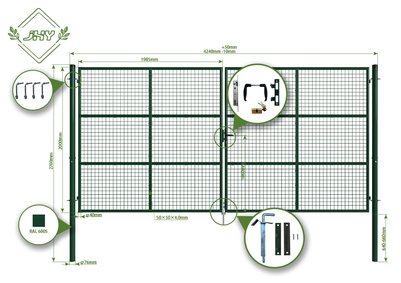 COMPOSITE FENCING GATE WIDTH 400CM & HEIGHT 200CM GREEN & GREY SQUARE POST & FRAME