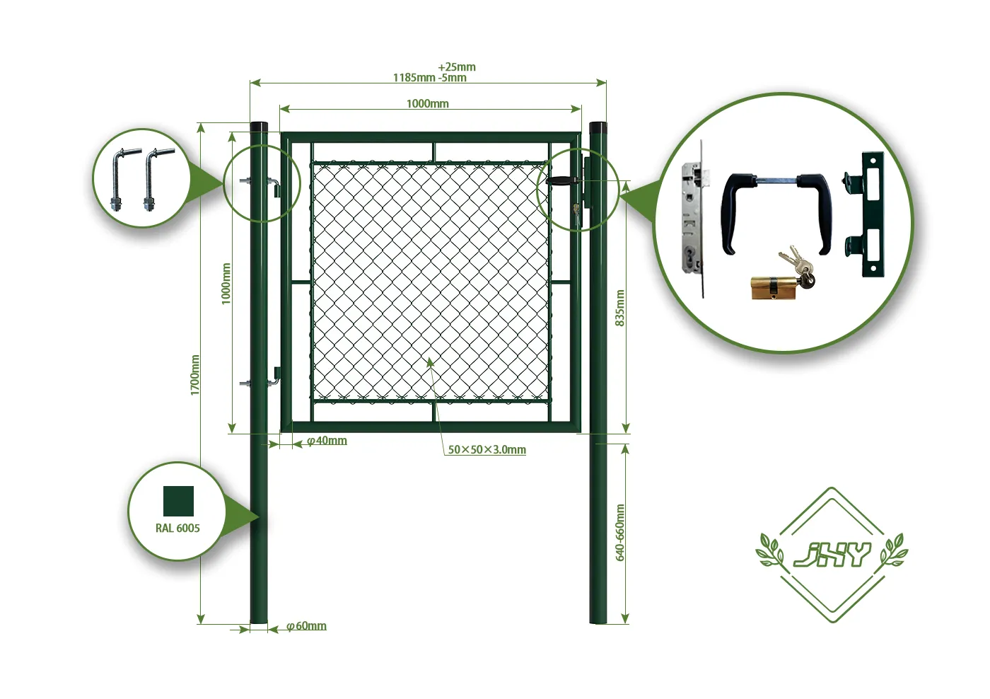 CHAIN LINK FENCING GARDEN GATE WIDTH 100CM & HEIGHT 100CM GREEN & GREY SQUARE POST & FRAME