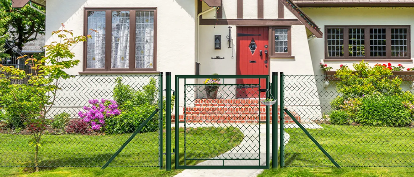 CHAIN LINK FENCING GARDEN GATE WIDTH 100CM & HEIGHT 100CM GREEN & GREY SQUARE POST & FRAME