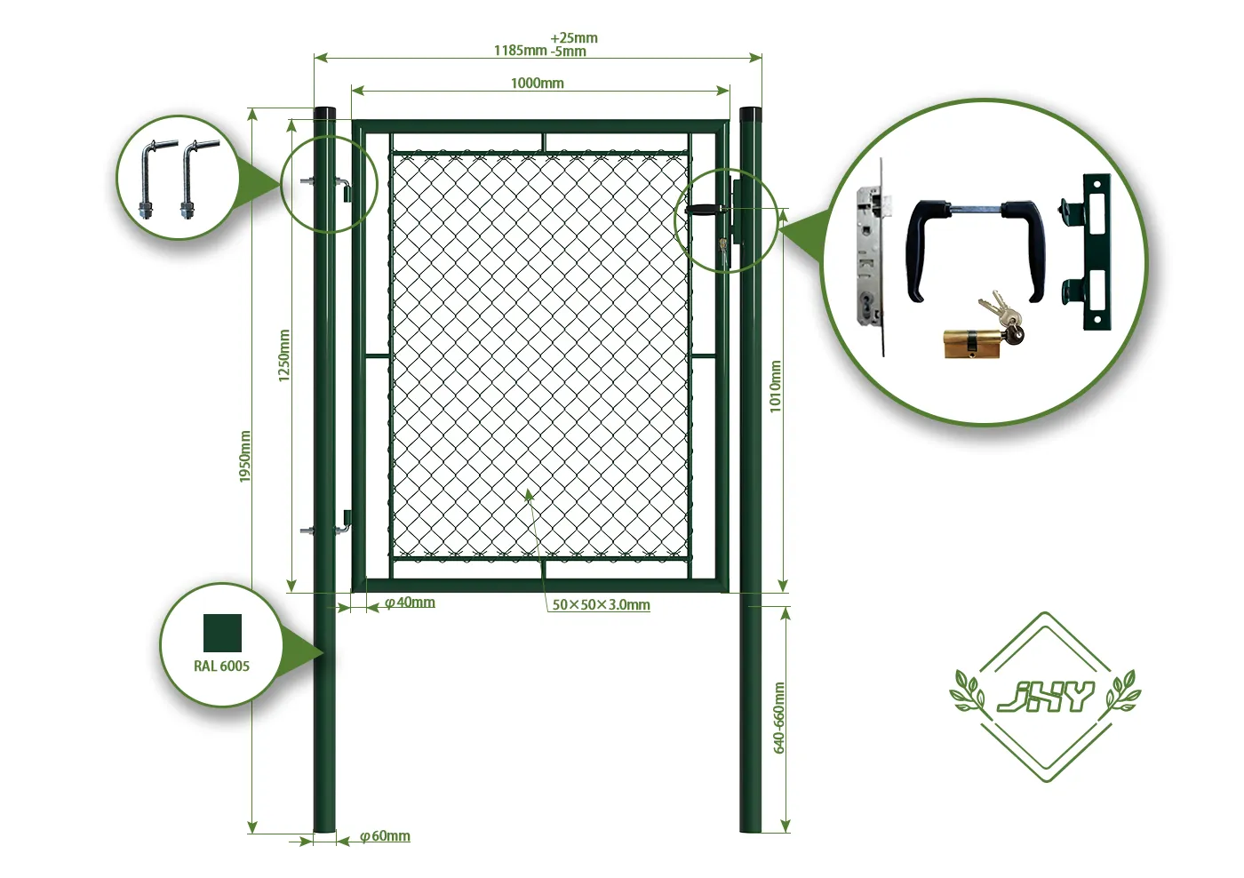 CHAIN LINK FENCING GARDEN GATE WIDTH 100CM & HEIGHT 125CM GREEN & GREY SQUARE POST & FRAME