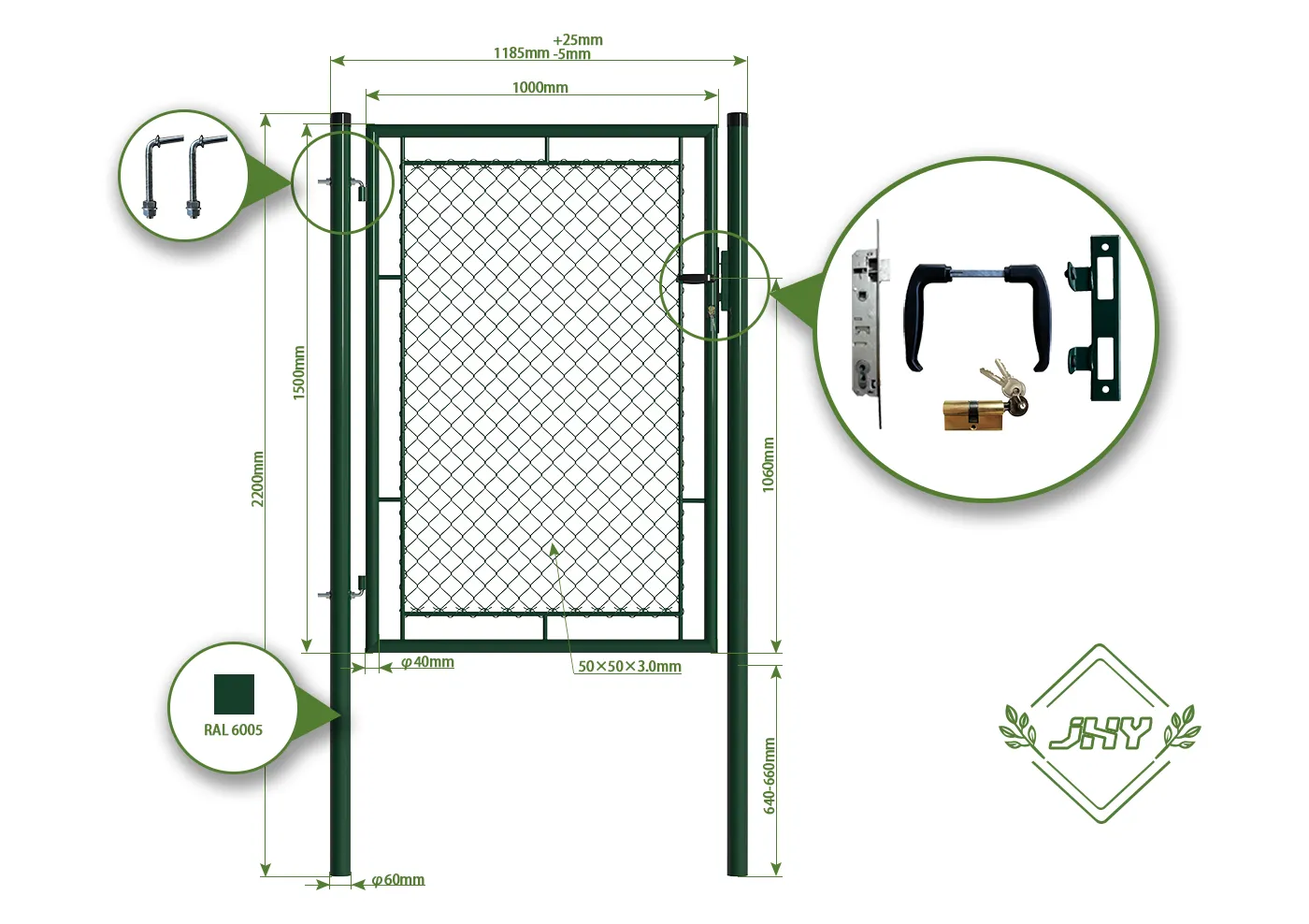 CHAIN LINK FENCING GARDEN GATE WIDTH 100CM & HEIGHT 150CM GREEN & GREY SQUARE POST & FRAME