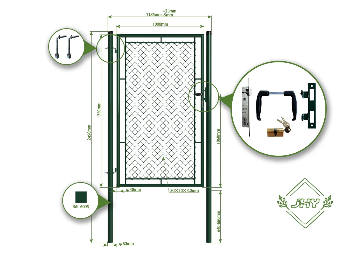 CHAIN LINK FENCING GARDEN GATE WIDTH 100CM & HEIGHT 175CM GREEN & GREY SQUARE POST & FRAME