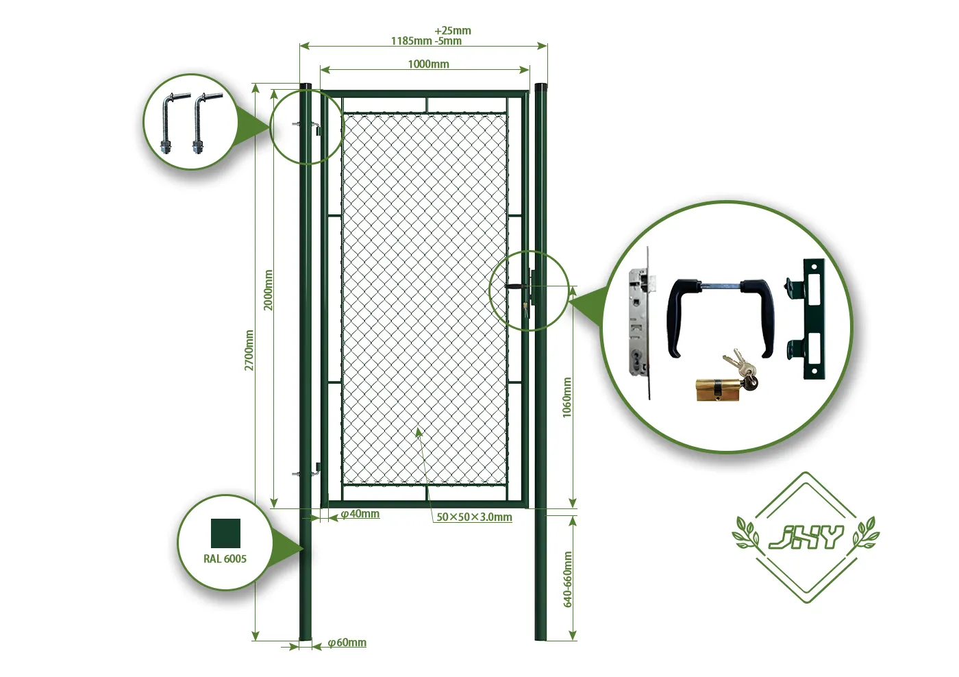 CHAIN LINK FENCING GARDEN GATE WIDTH 100CM & HEIGHT 200CM GREEN & GREY SQUARE POST & FRAME