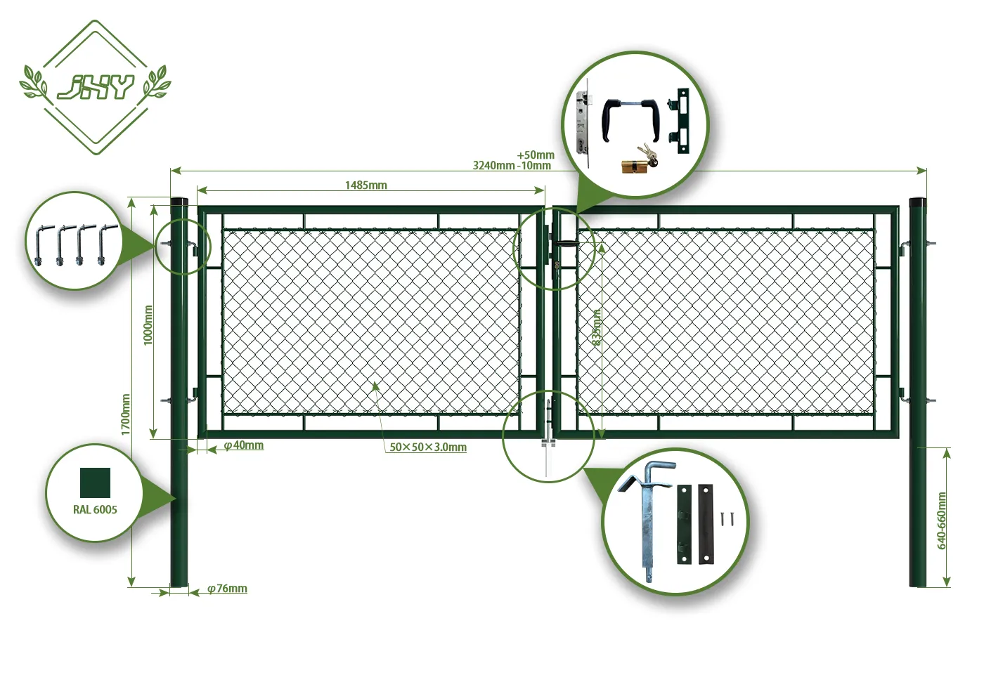 CHAIN LINK FENCING GARDEN GATE WIDTH 300CM & HEIGHT 100CM GREEN & GREY SQUARE POST & FRAME