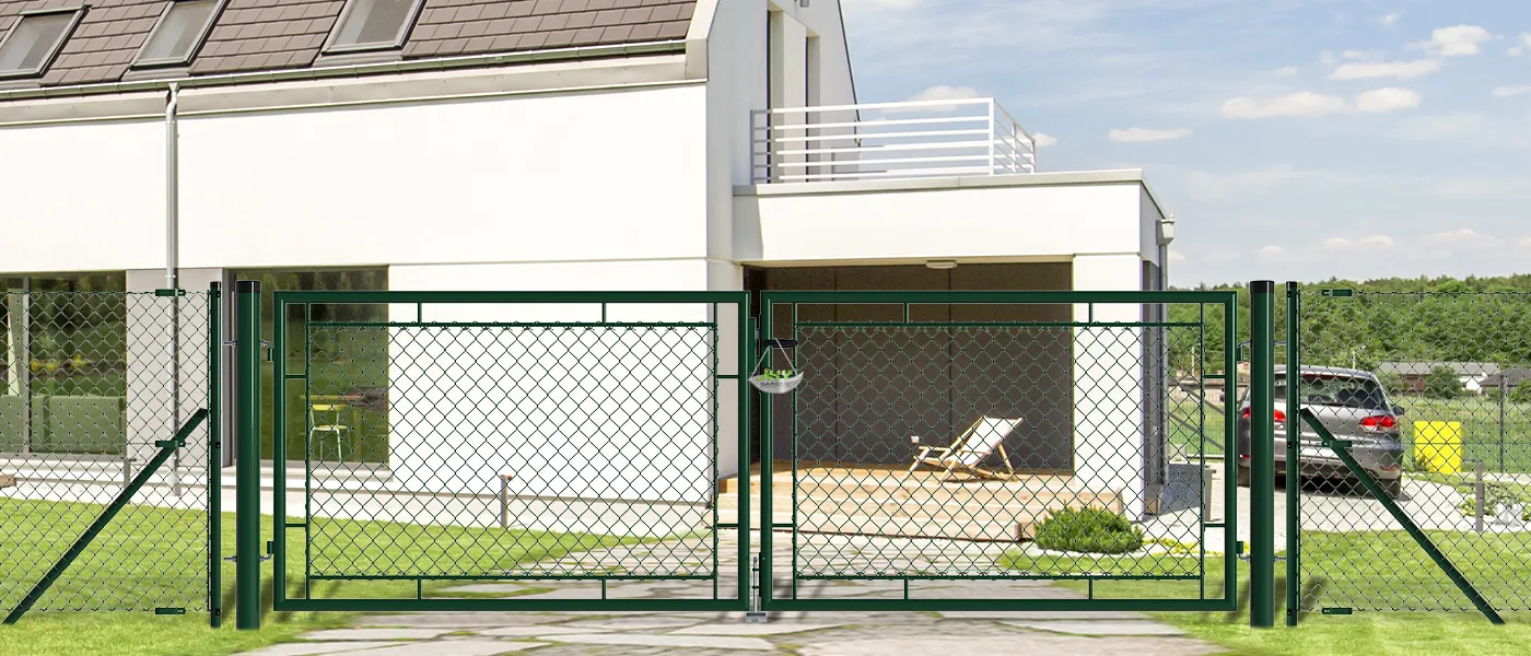 CHAIN LINK FENCING GARDEN GATE WIDTH 300CM & HEIGHT 100CM GREEN & GREY SQUARE POST & FRAME