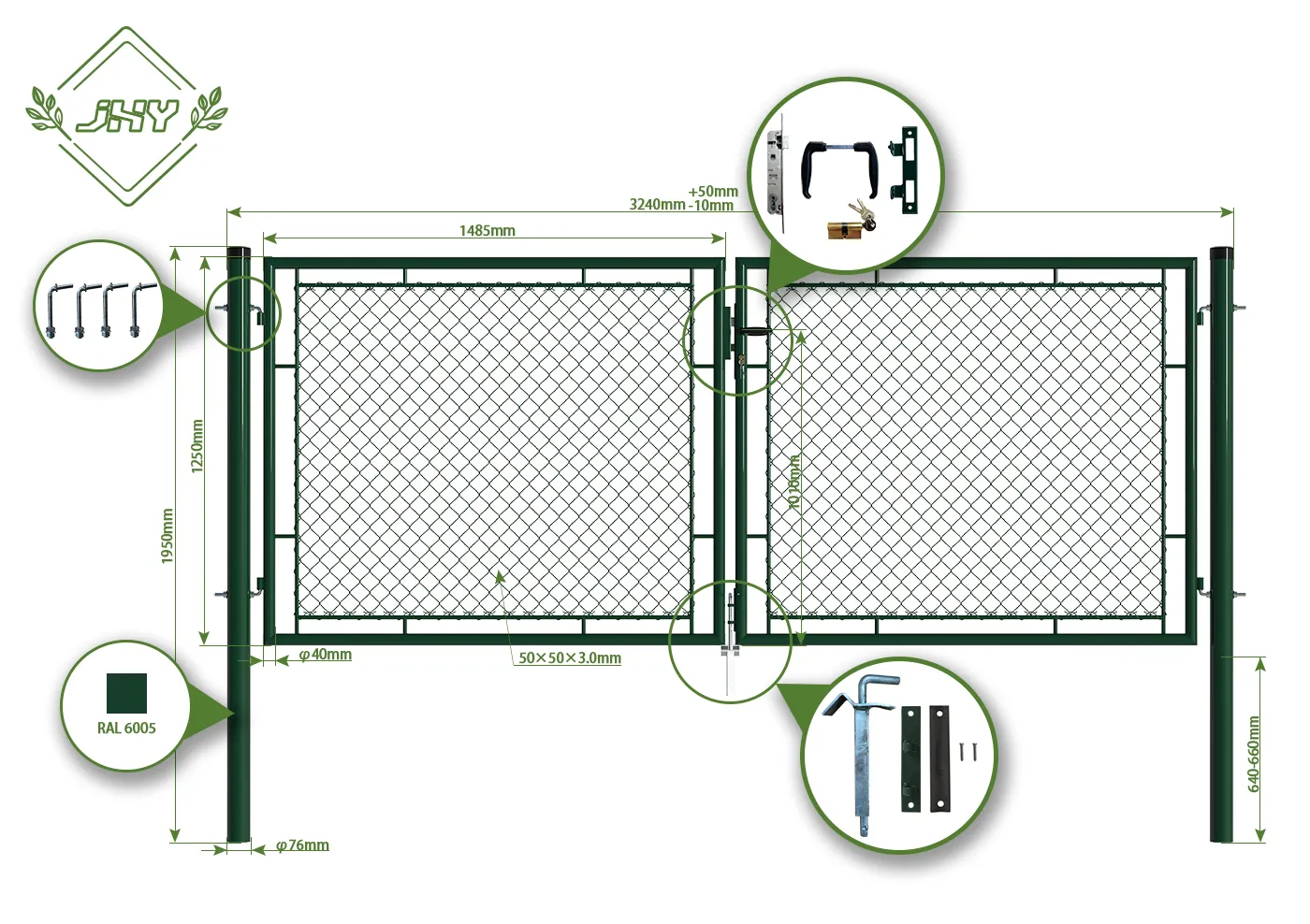 CHAIN LINK FENCING GARDEN GATE WIDTH 300CM & HEIGHT 125CM GREEN & GREY SQUARE POST & FRAME
