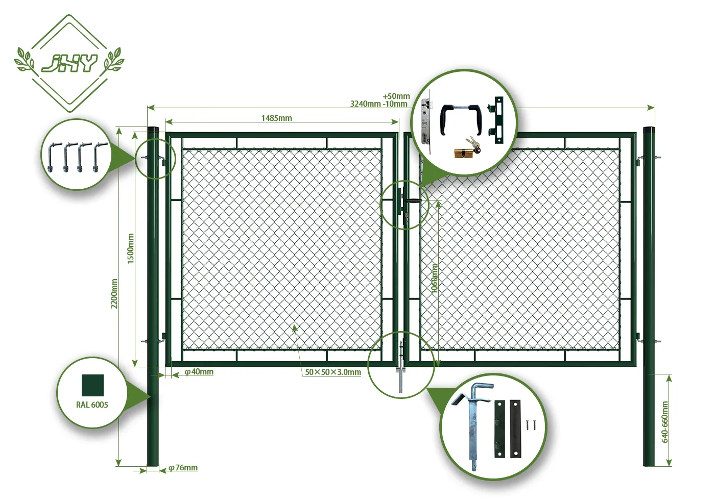 CHAIN LINK FENCING GARDEN GATE WIDTH 300CM & HEIGHT 150CM GREEN & GREY SQUARE POST & FRAME