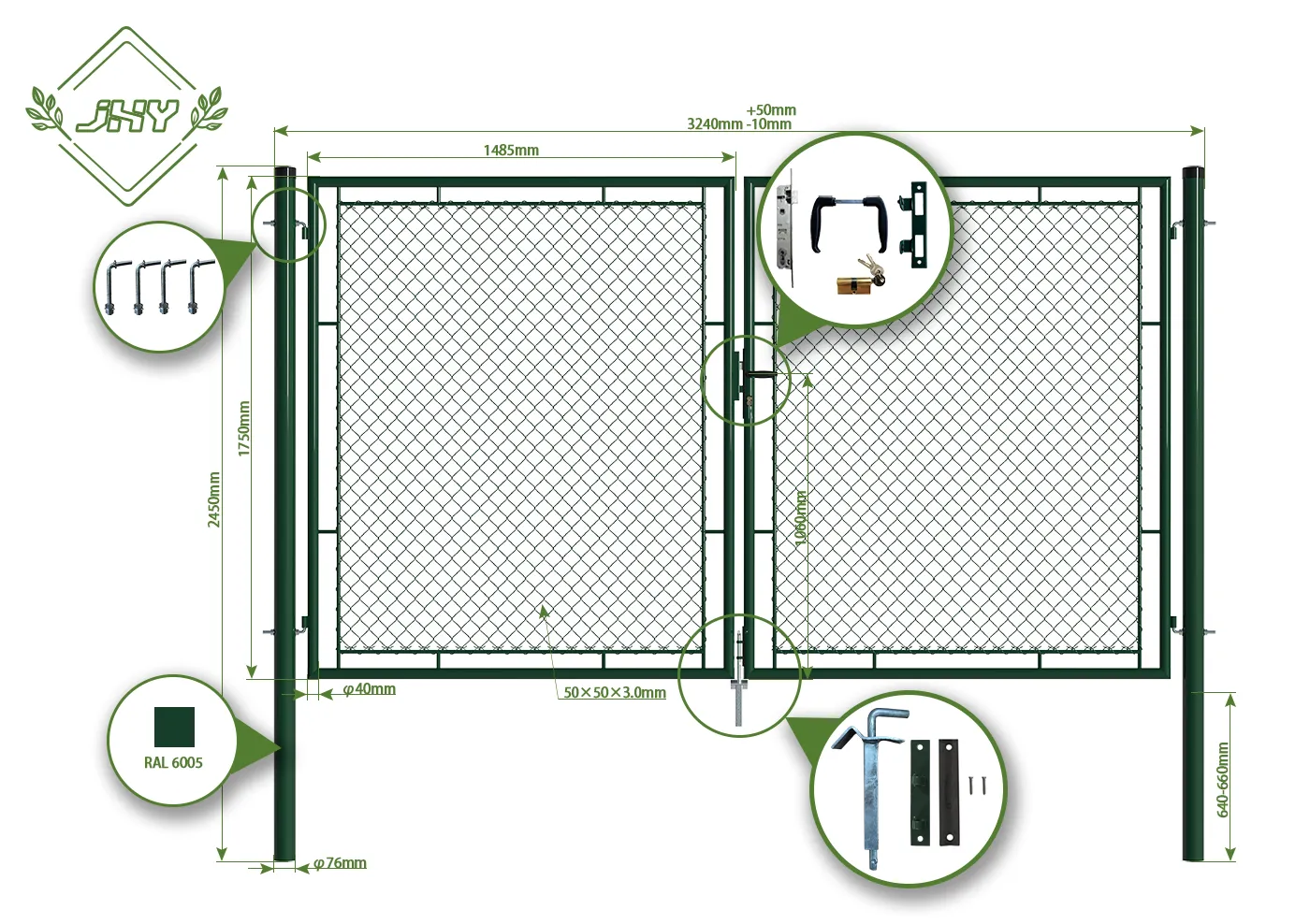 CHAIN LINK FENCING GARDEN GATE WIDTH 300CM & HEIGHT 175CM GREEN & GREY SQUARE POST & FRAME