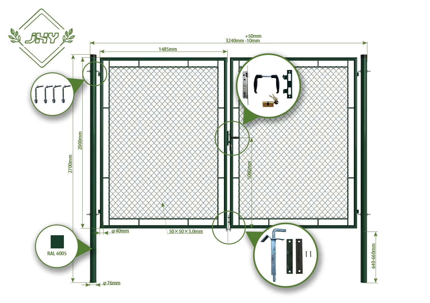 CHAIN LINK FENCING GARDEN GATE WIDTH 300CM & HEIGHT 200CM GREEN & GREY SQUARE POST & FRAME