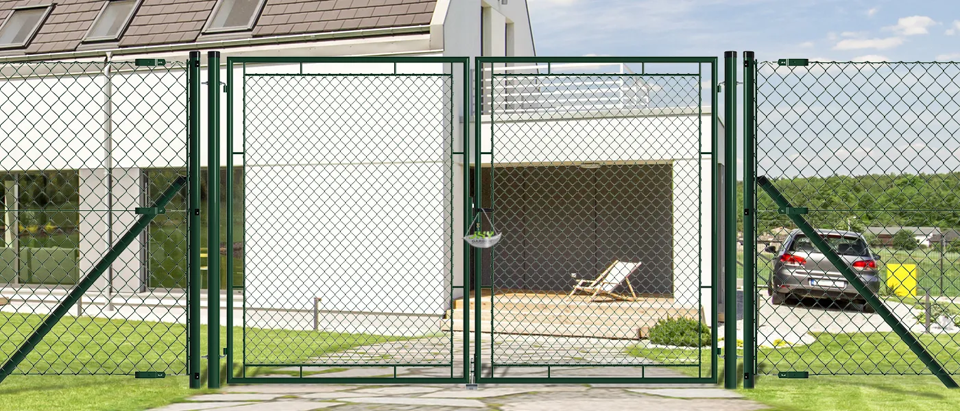 CHAIN LINK FENCING GARDEN GATE WIDTH 300CM & HEIGHT 200CM GREEN & GREY SQUARE POST & FRAME