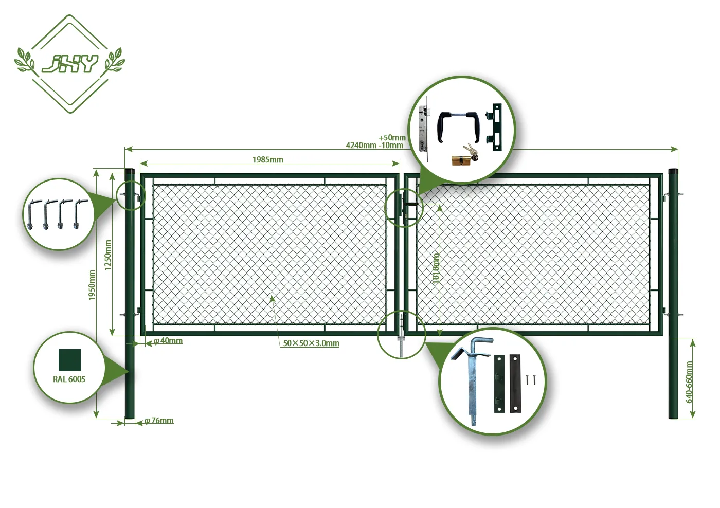 CHAIN LINK FENCING GARDEN GATE WIDTH 400CM & HEIGHT 125CM GREEN & GREY SQUARE POST & FRAME