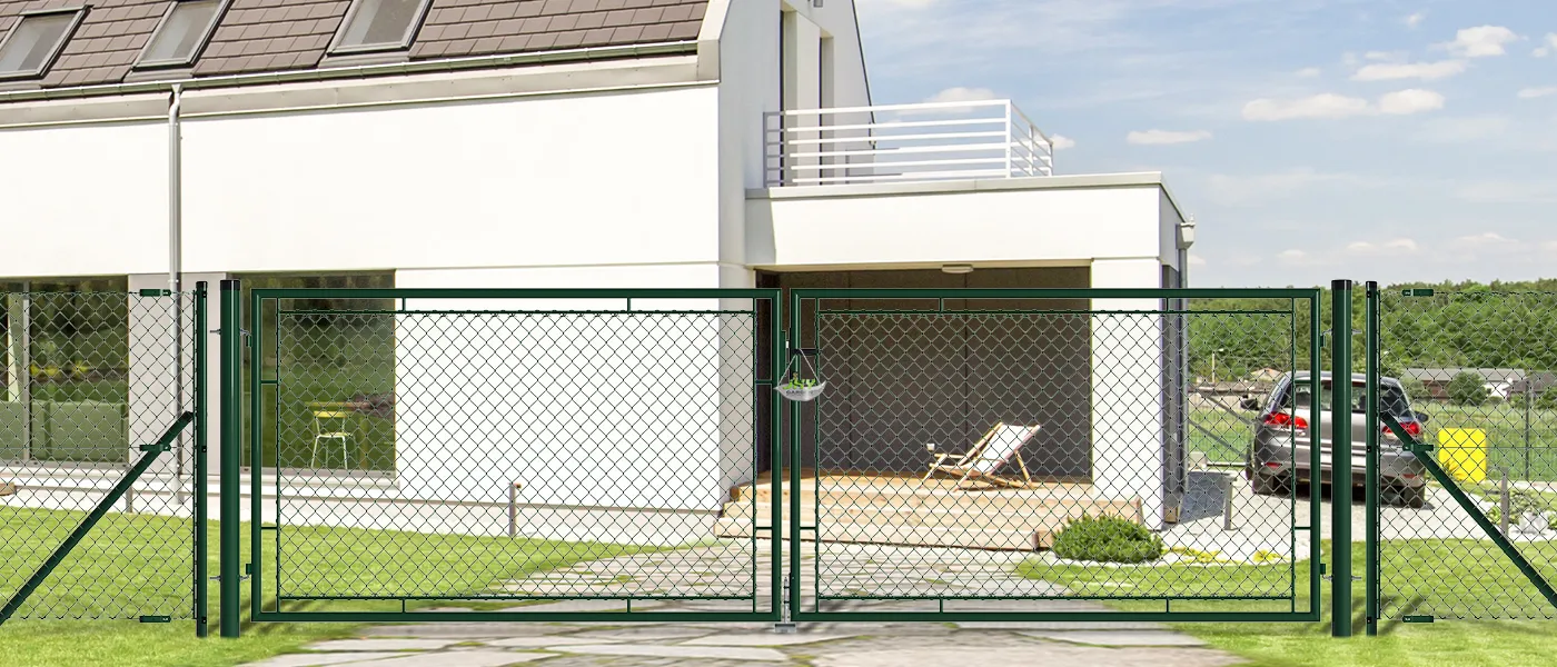 CHAIN LINK FENCING GARDEN GATE WIDTH 400CM & HEIGHT 125CM GREEN & GREY SQUARE POST & FRAME