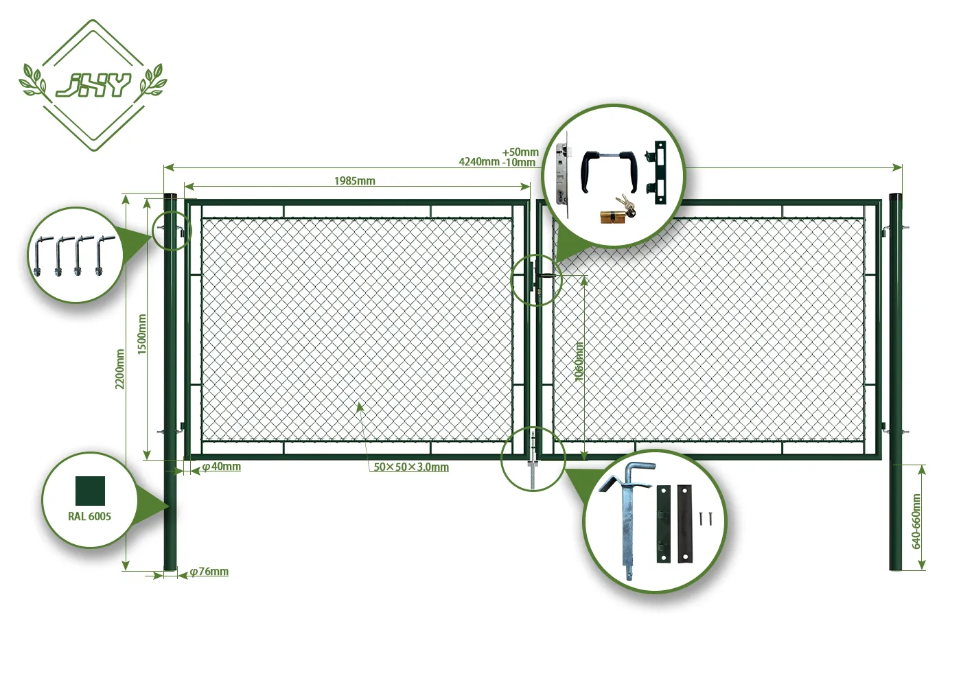 CHAIN LINK FENCING GARDEN GATE WIDTH 400CM & HEIGHT 150CM GREEN & GREY SQUARE POST & FRAME