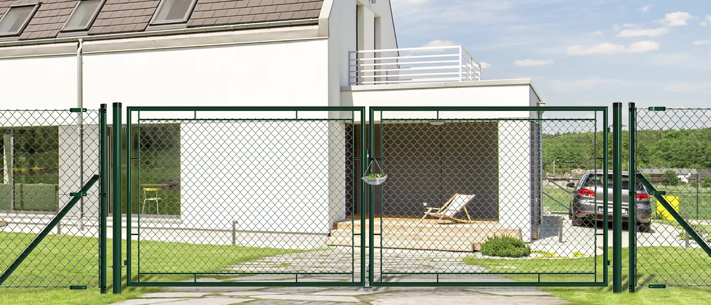 CHAIN LINK FENCING GARDEN GATE WIDTH 400CM & HEIGHT 150CM GREEN & GREY SQUARE POST & FRAME