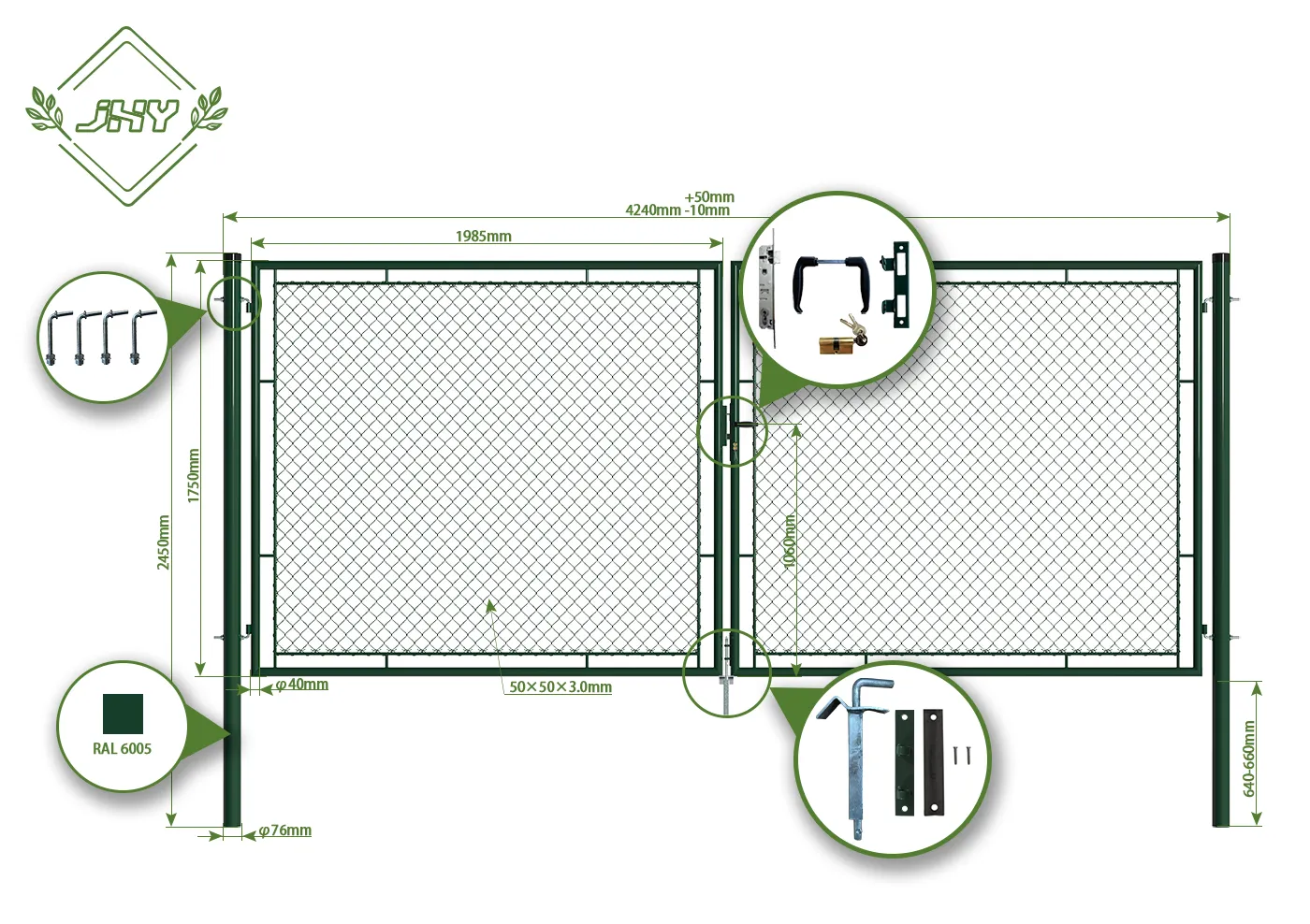 CHAIN LINK FENCING GARDEN GATE WIDTH 400CM & HEIGHT 175CM GREEN & GREY SQUARE POST & FRAME