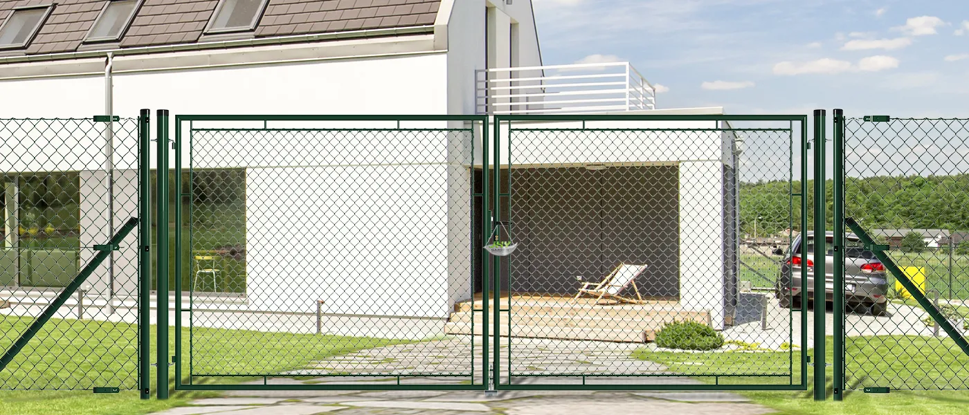 CHAIN LINK FENCING GARDEN GATE WIDTH 400CM & HEIGHT 175CM GREEN & GREY SQUARE POST & FRAME