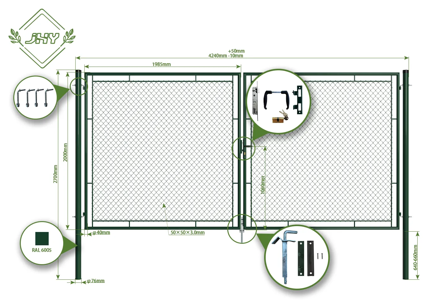 CHAIN LINK FENCING GARDEN GATE WIDTH 400CM & HEIGHT 200CM GREEN & GREY SQUARE POST & FRAME
