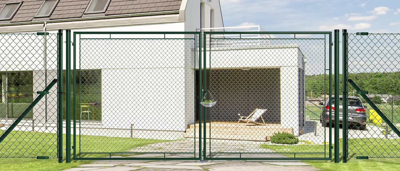 CHAIN LINK FENCING GARDEN GATE WIDTH 400CM & HEIGHT 200CM GREEN & GREY SQUARE POST & FRAME