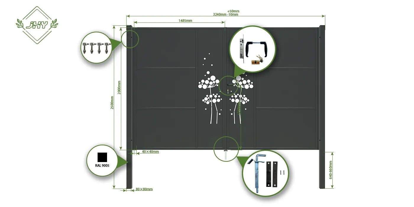 CNC IRON GATES DECENY WIDTH 300CM & HEIGHT 200CM BLACK SQUARE POST & FRAME
