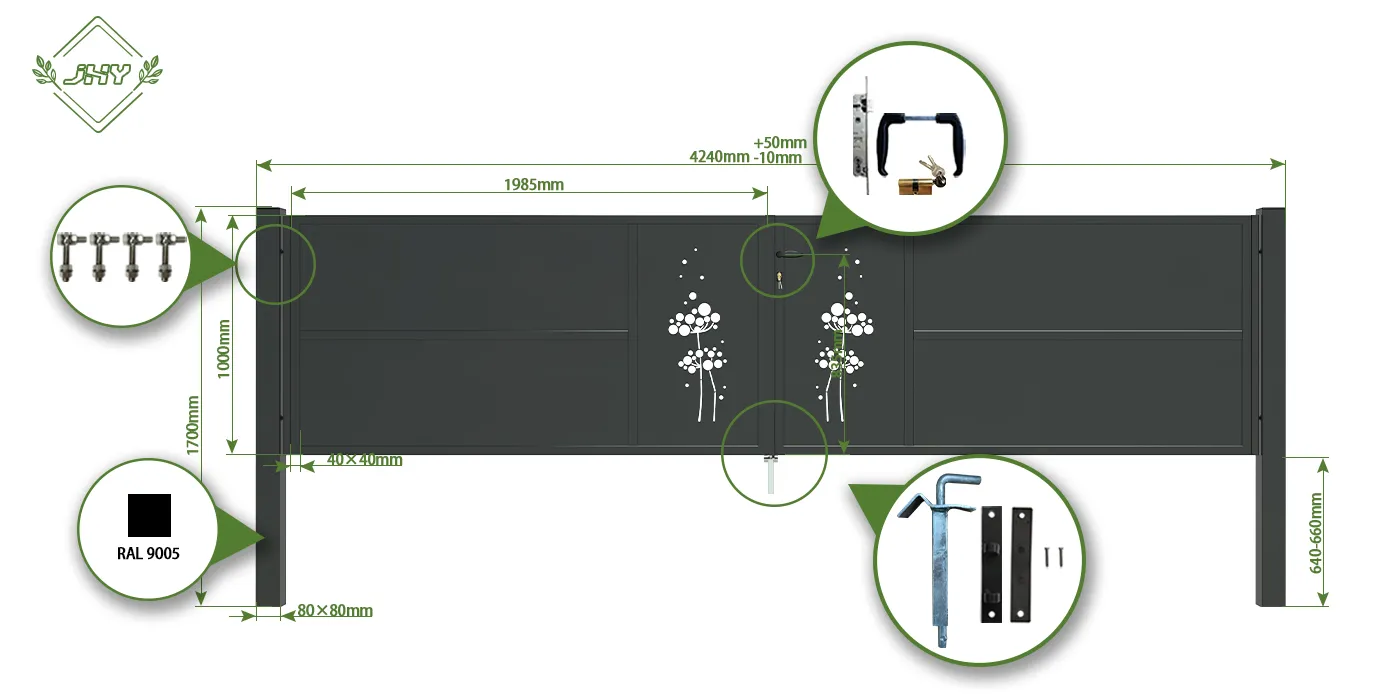 CNC IRON GATES DECENY WIDTH 400CM & HEIGHT 100CM BLACK SQUARE POST & FRAME