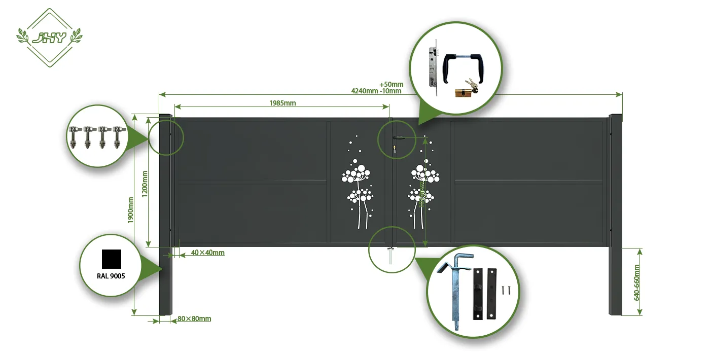 CNC IRON GATES DECENY WIDTH 400CM & HEIGHT 120CM BLACK SQUARE POST & FRAME