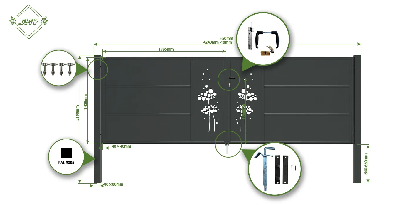 CNC IRON GATES DECENY WIDTH 400CM & HEIGHT 140CM BLACK SQUARE POST & FRAME