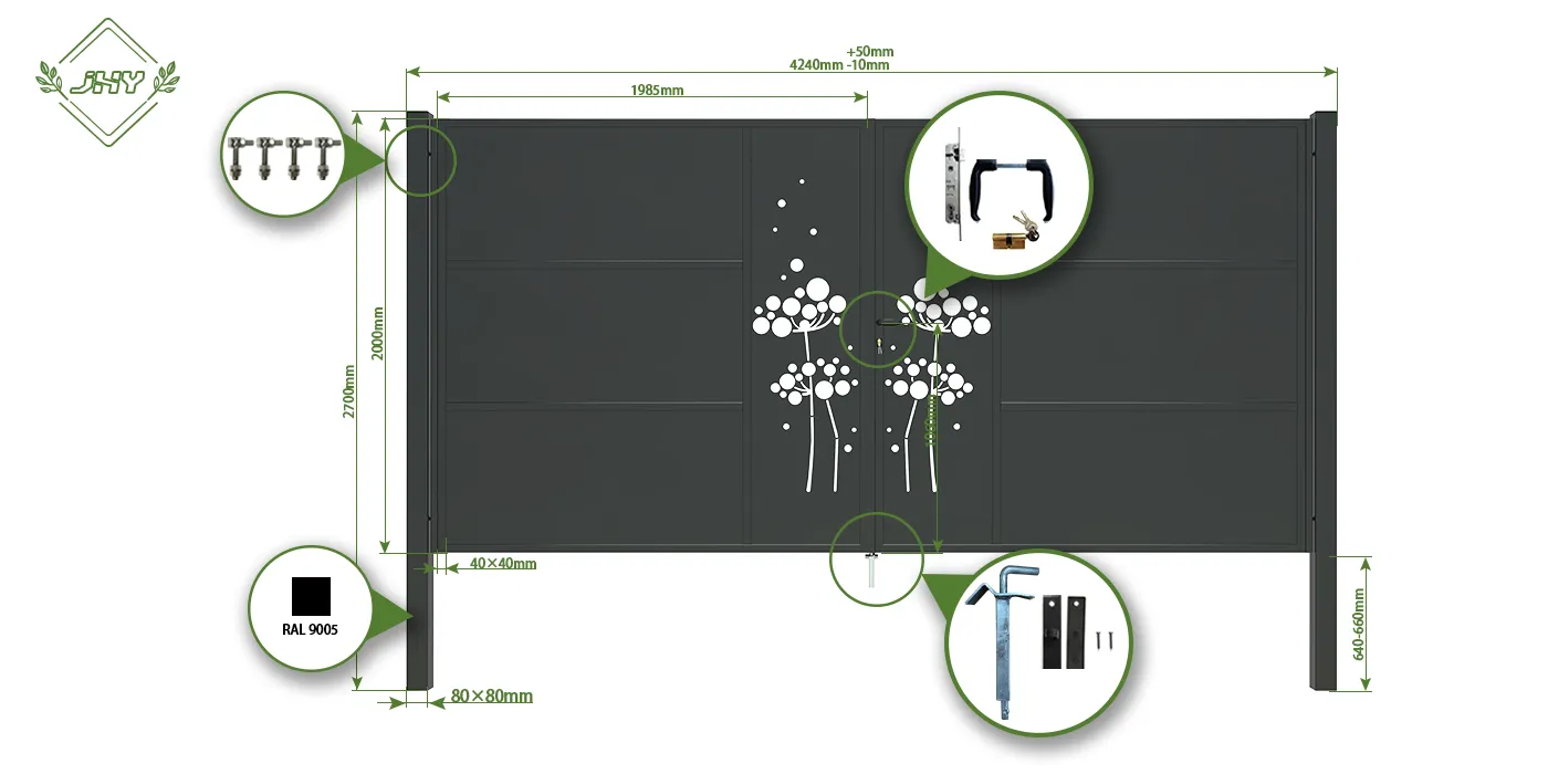 CNC IRON GATES DECENY WIDTH 400CM & HEIGHT 200CM BLACK SQUARE POST & FRAME