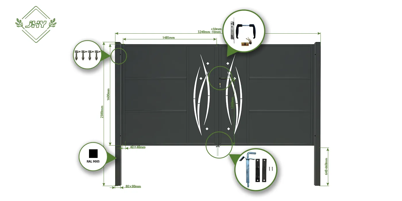 CNC METAL GATES SERENADE WIDTH 300CM & HEIGHT 160CM BLACK SQUARE POST & FRAME