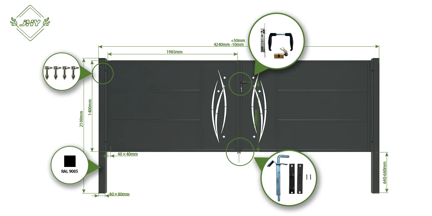 CNC METAL GATES SERENADE WIDTH 400CM & HEIGHT 140CM GREEN & GREY SQUARE POST & FRAME