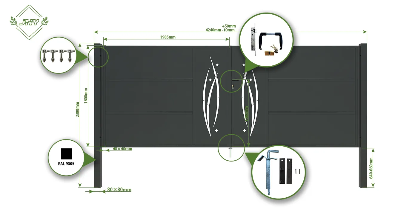 CNC METAL GATES SERENADE WIDTH 400CM & HEIGHT 160CM GREEN & GREY SQUARE POST & FRAME