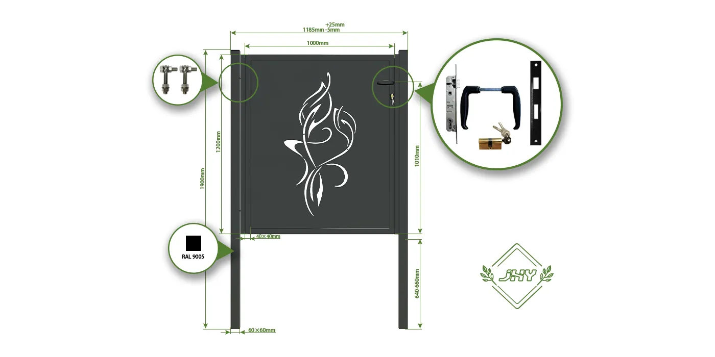 CNC OUTDOOR IRON GATE TRANQUILITY WIDTH 100CM & HEIGHT 120CM BLACK SQUARE POST & FRAME