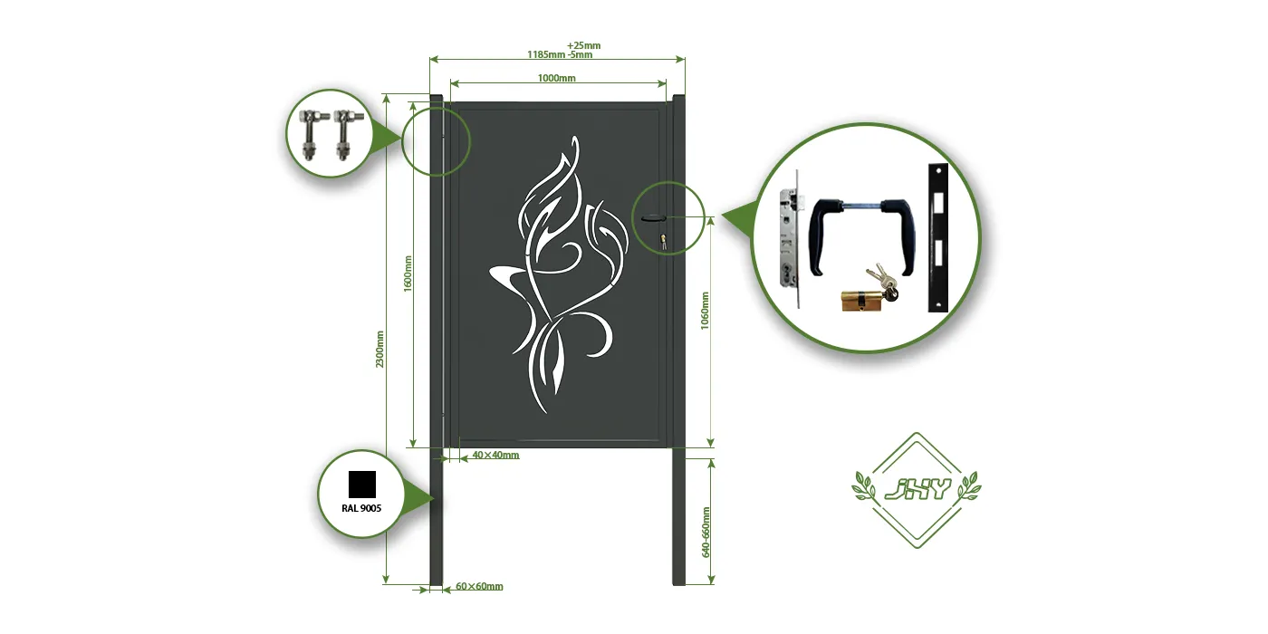 CNC OUTDOOR IRON GATE TRANQUILITY WIDTH 100CM & HEIGHT 160CM BLACK SQUARE POST & FRAME
