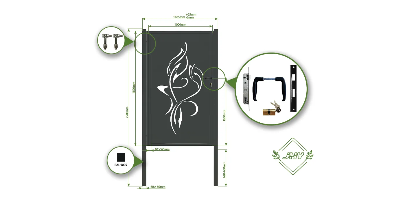 CNC OUTDOOR IRON GATE TRANQUILITY WIDTH 100CM & HEIGHT 180CM BLACK SQUARE POST & FRAME