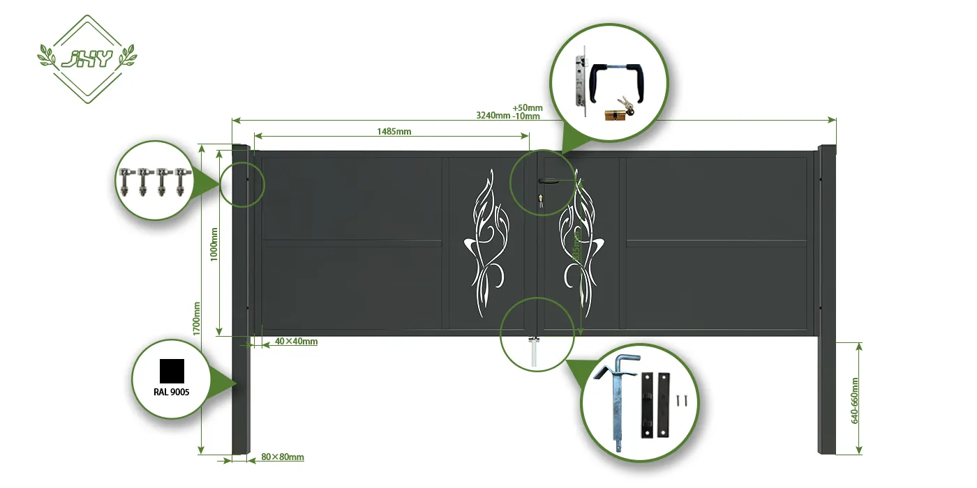 CNC OUTDOOR IRON GATE TRANQUILITY WIDTH 300CM & HEIGHT 100CM BLACK SQUARE POST & FRAME
