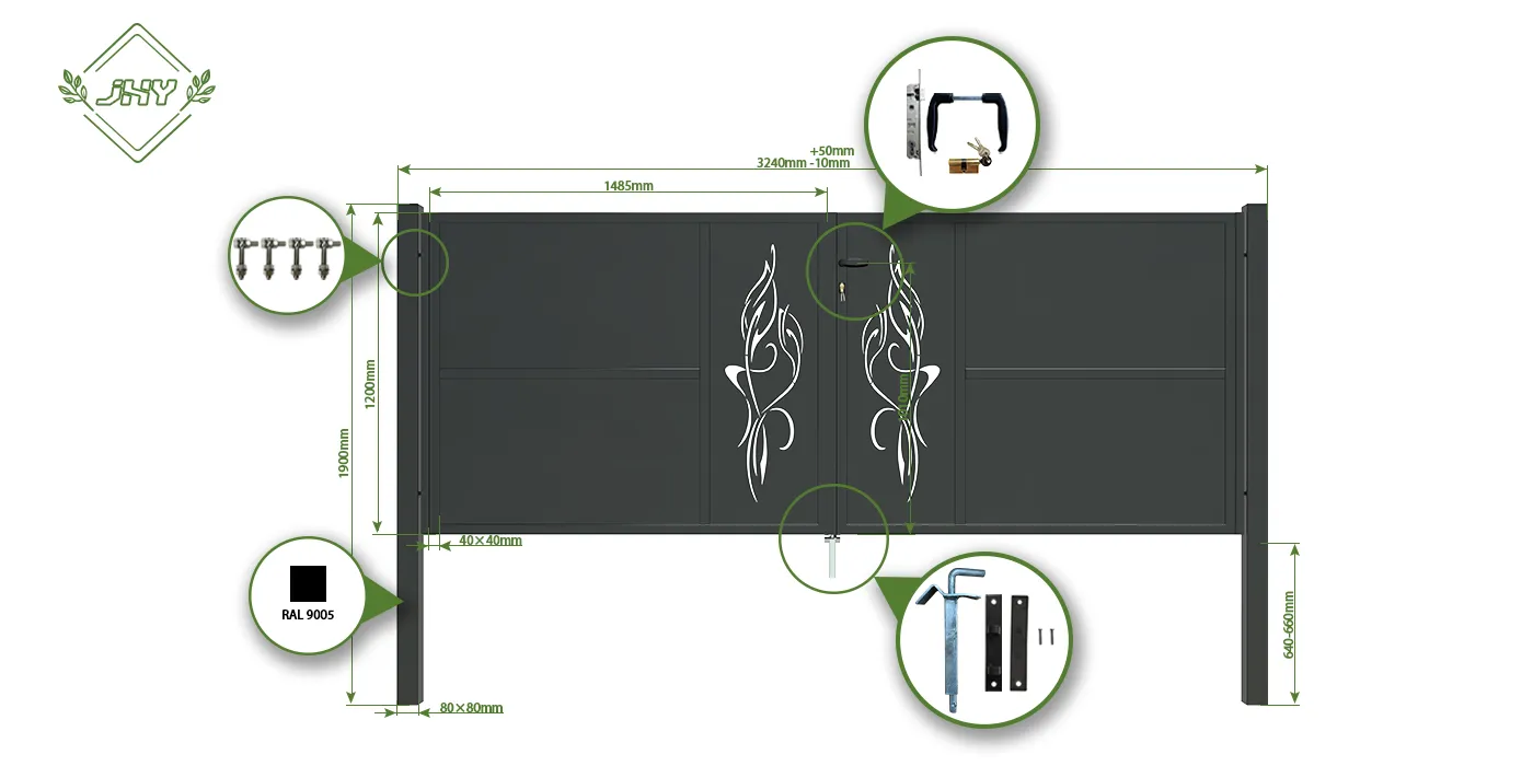 CNC OUTDOOR IRON GATE TRANQUILITY WIDTH 300CM & HEIGHT 120CM BLACK SQUARE POST & FRAME
