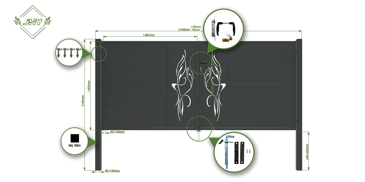 CNC OUTDOOR IRON GATE TRANQUILITY WIDTH 300CM & HEIGHT 140CM BLACK SQUARE POST & FRAME