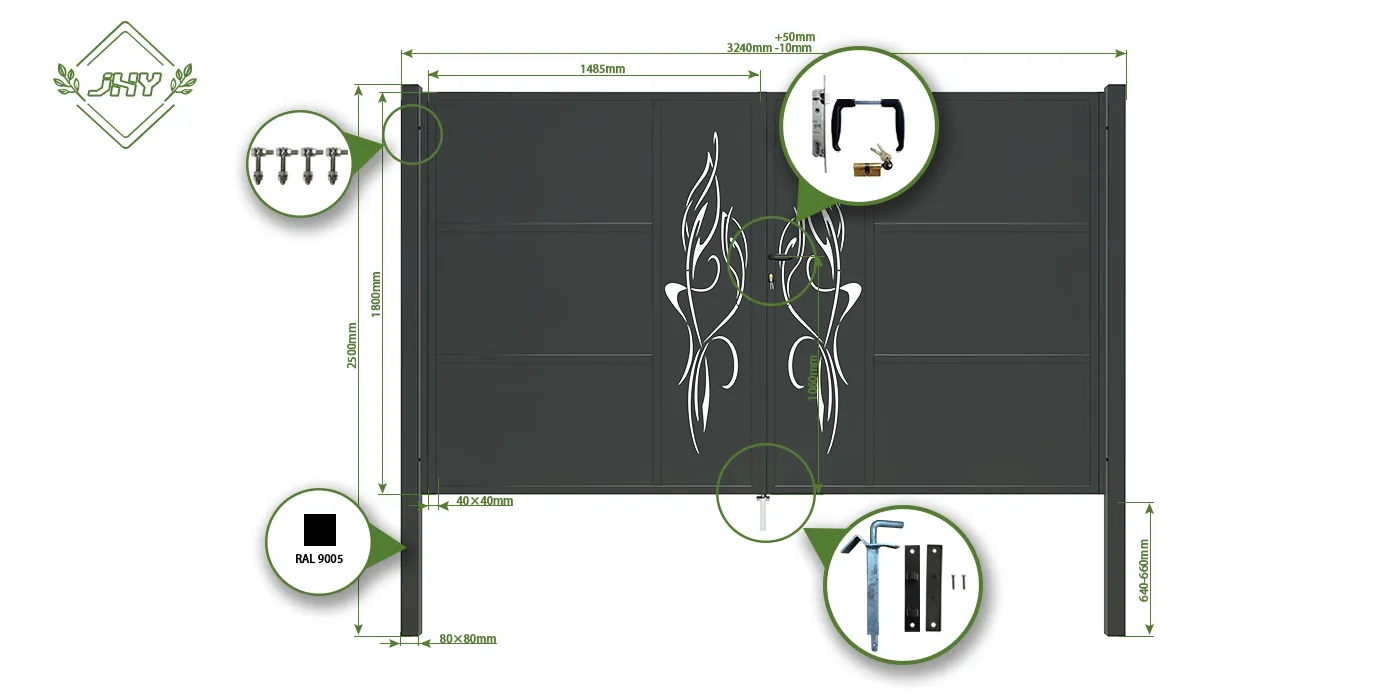 CNC OUTDOOR IRON GATE TRANQUILITY WIDTH 300CM & HEIGHT 180CM BLACK SQUARE POST & FRAME